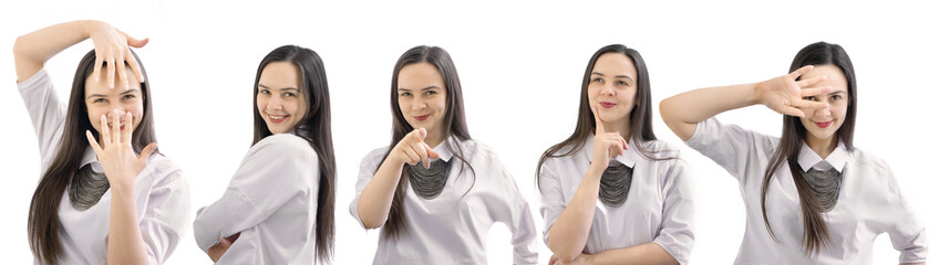 collage with different emotions in same young long hair girl, isolated on white