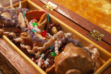 Treasure in a wooden open chest. A Pirate treasure.