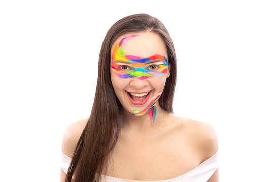 art emotional portrait Beauty Fashion Model Girl colorful face paint with flowing liquid paint makeup. isolated on white