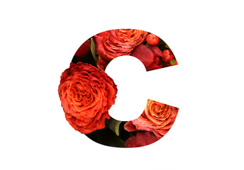 Floral font letter C from a real red-orange roses for bright design. Stylish font of flowers for conceptual ideas.