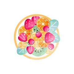 Various fresh fruits and berries on a plate vector Illustration on a white background