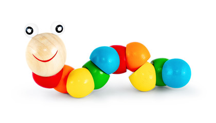 Colorful wooden caterpillar toy isolated on white background with clipping path. Children's worm...