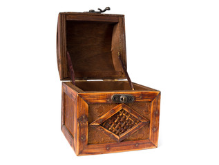 Old wooden jewellery box, open cover. Isolated on white background