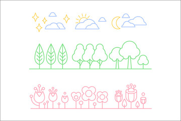 Nature set, trees, plants and sky clouds n a linear style vector illustration