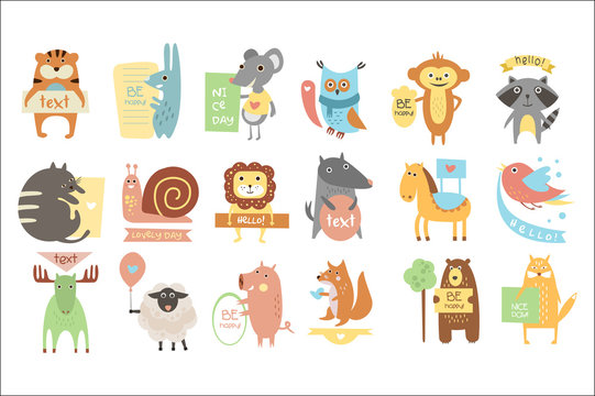 Colorful set of different animals with stickers, plates and ribbons with place for your text. Isolated flat vector design for children book