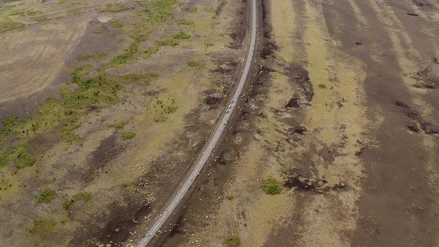 Aerial drone shot of R&eacute;ttir &ndash; the annual sheep round-up in Iceland