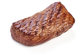 Freshly juicy grilled beef steak, fried meat, close-up, isolated on white background