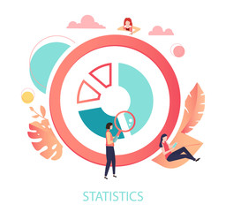 Coral round Statistics sign or icon with graph or chart and people, flat style.