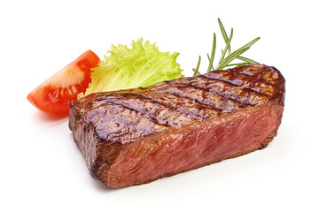 Roasted juicy medium rare beef steak, fried meat, close-up, isolated on white background