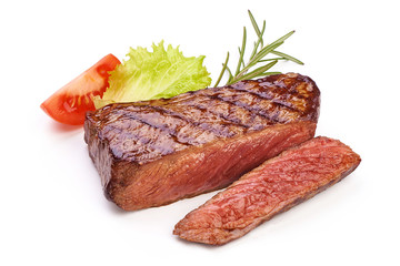 Medium rare grilled beef steak, sliced fried meat, close-up, isolated on white background