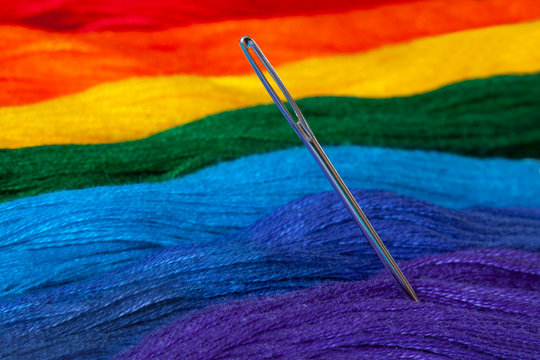 Mitty floss laid out in the colors of the rainbow. Needle close up.
