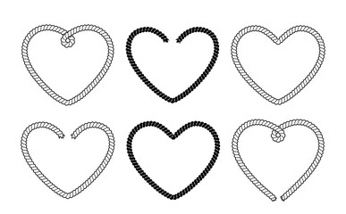 Set of 6 rope heart frames. Black and white vector illustration