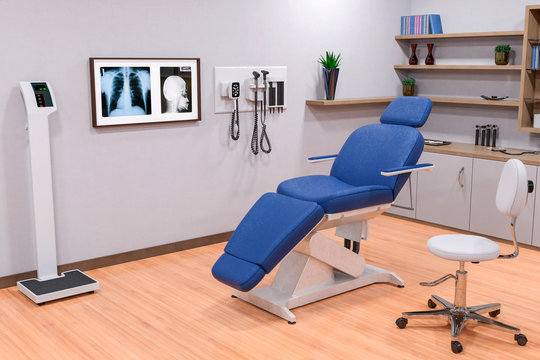 doctor office or examination room in a hospital  blue chair x ray view. Medical healthcare background.