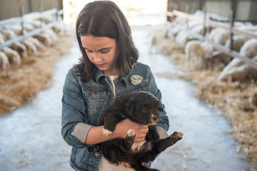 Pretty girl poses with a dog puppy