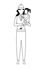 woman carrying a child on her arms black and white