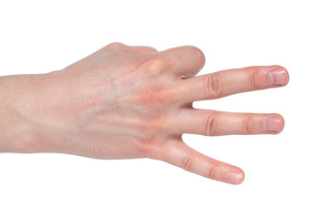 Man showing number three on white background, closeup.