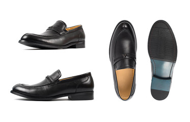 Men's black moccasins, loafers isolated white background. Side view, top view and sole