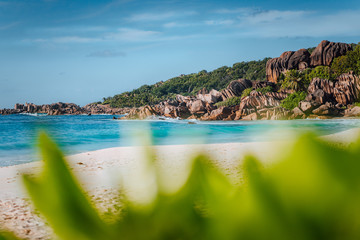 Picturesque Grand Anse tropical beach in La Digue, Seychelles with its famous granite rock formations. Defocused blur natural green