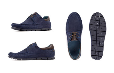 Men's blue moccasins, loafers isolated white background. Side view, top view and sole.