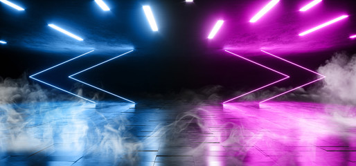 Smoke Arrows Neon Virtual Reality Dark Grunge Concrete Background Asphalt Optical Illusion Fluorescent Blue Purple Vibrant Glowing Empty Space Sci Fi Futuristic Spaceship Stage 3D Rendering