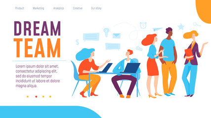 Vector dream team concept creative business illustration with working people. 