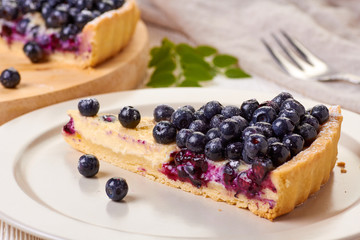 Fototapeta premium Piece of custard tart with blueberries on dish