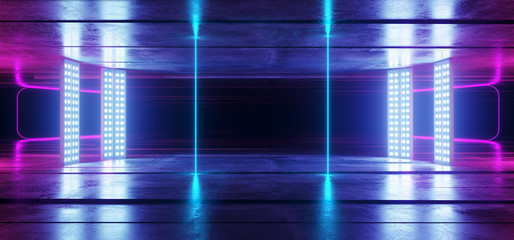 Neon Glowing Blue Purple Vibrant Background On Grunge Concrete Asphalt Reflective Spectrum Laser Show Optical Illusion Virtual Reality Empty Dark Sci Fi Futuristic Garage Room 3D Rendering