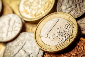 Background of Euro coins money.United kingdom Pound coin.US coins.Group of coins