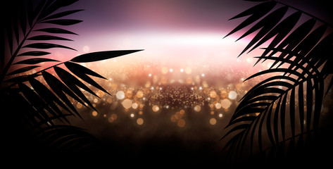 Dark background with colorful bokeh of tropical leaves. Night view, gradient and abstract bokeh light. Magic twinkling sparkles.