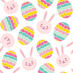 Happy Easter background with cute bunnies and painted eggs. Seamless vector pattern with rabbits and eggs.
