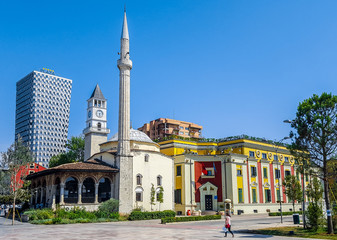 Fototapeta na wymiar Et'hem Bey Mosque in Skanderberg Square. Tirana, Albania