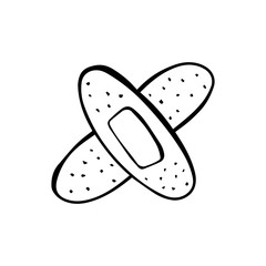 Cartoon style vector illustration of black, white band aid. Great design elements for sticker, card, print or poster. Unique doodle drawing isolated on background. Medicine, healthcare