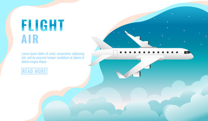 Landing page design, banner with flying airliner in sky with clouds, passenger aircraft, plane, tourism concept, vector