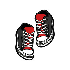 Sneakers shoes pair isolated. Hand drawn vector illustration of red and black shoes. Sport boots hand drawn for logo, poster, postcard, fashion booklet, flyer. Vector sketch sneakers. Red black shoes.