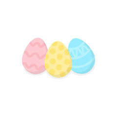 Colorful easter egg vector graphic illustration, greeting card. Three painted easter eggs with patterns. Pink, yellow and blue easter eggs, isolated.