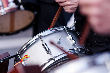 Closeup drum, detail of a musician in the fallas of Valencia
