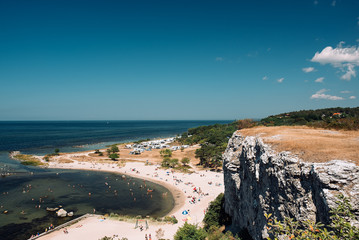View of the coast of Gotland and people on the beach