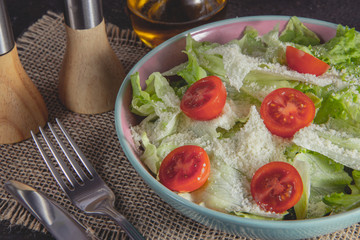 Salad served in cafe composition.