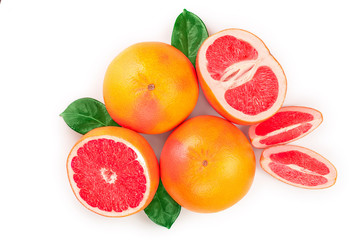 Grapefruit and slices with leaves isolated on white background. Top view. Flat lay pattern