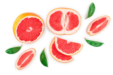 Grapefruit and slices with leaves isolated on white background. Top view. Flat lay pattern