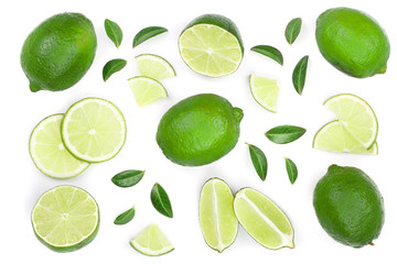 sliced lime with leaves isolated on white background. Top view. Flat lay pattern
