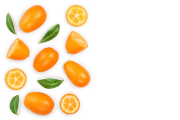 Cumquat or kumquat with half isolated on white background with copy space for your text. Top view. Flat lay