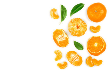tangerine or mandarin with leaves isolated on white background with copy space for your text. Top view. Flat lay