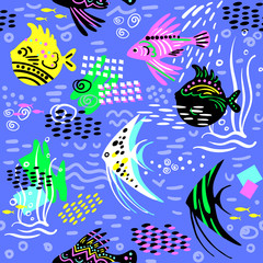beautiful seamless blue background with colorful exotic doodle fish.