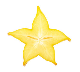 Carambola or star-fruit slice isolated on white background. Top view. Flat lay