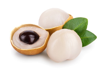 Fresh longan fruit with leaves isolated on white background