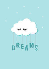 Sleeping cloud holds dreams word on a ropes. Scandinavian style child poster