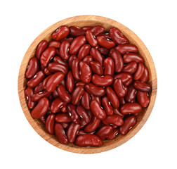 red kidney bean in wooden bowl isolated on white background. Top view. Flat lay