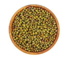 Mung beans in a wooden bowl isolated on white background. Top view