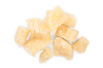 Parmesan cheese pieces isolated on white background. Closeup. Top view. Flat lay